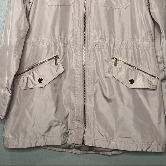 Michael Kors Jacket Women Medium Pink Gold Accents Hooded Zip Up Coat Adj Waist - Picture 3 of 13